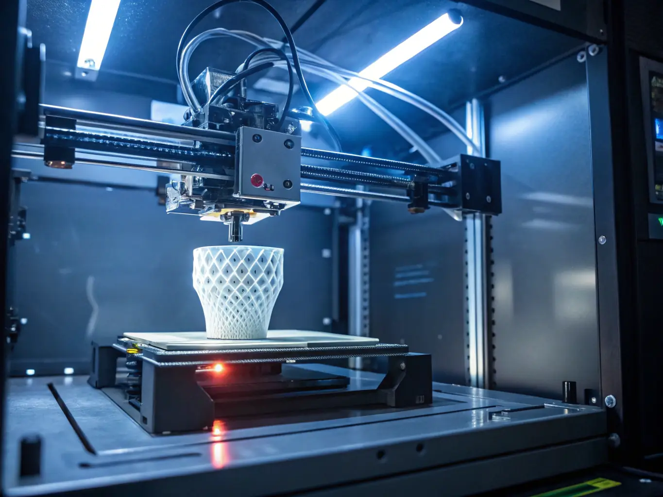 A close-up shot of a 3D printer creating a highly detailed prototype, showcasing the precision and accuracy of the printing process. The prototype is complex and intricate, highlighting the capabilities of high-quality 3D printing.