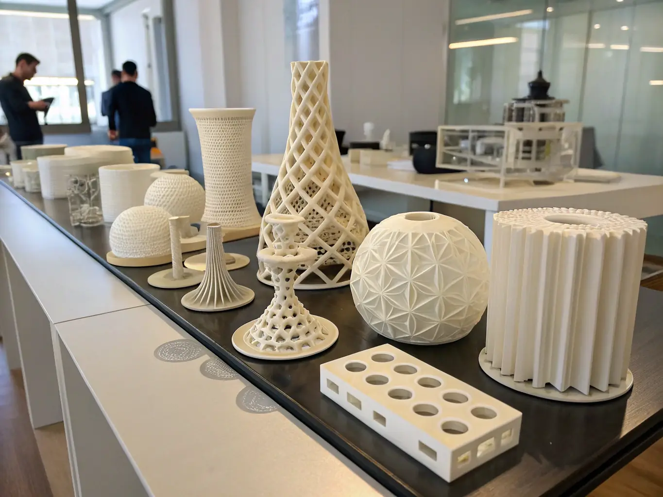 A series of 3D printed models displayed in a professional setting, highlighting the consistency and reliability of the printing process. The models are uniform in quality and appearance, showcasing the repeatability of high-quality 3D printing.