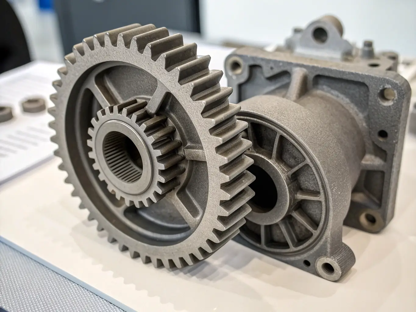 A 3D printed gear assembly undergoing stress testing, demonstrating the durability and strength of the materials used. The assembly is subjected to various forces, showcasing its ability to withstand wear and tear.